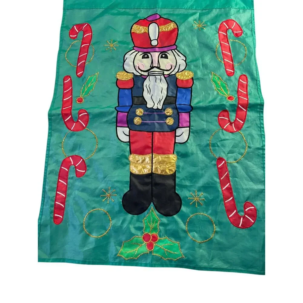 Vtg Applique Christmas Holiday Yard‎ Flag Double Sided Nutcracker Candy Cane